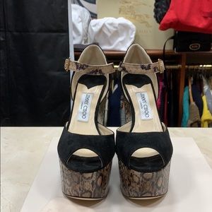 JIMMY CHOO FOLLY EXOTIC SNAKESKIN AND SUEDE PLATFORM SANDALS BLACK SIZE 8, 8.5